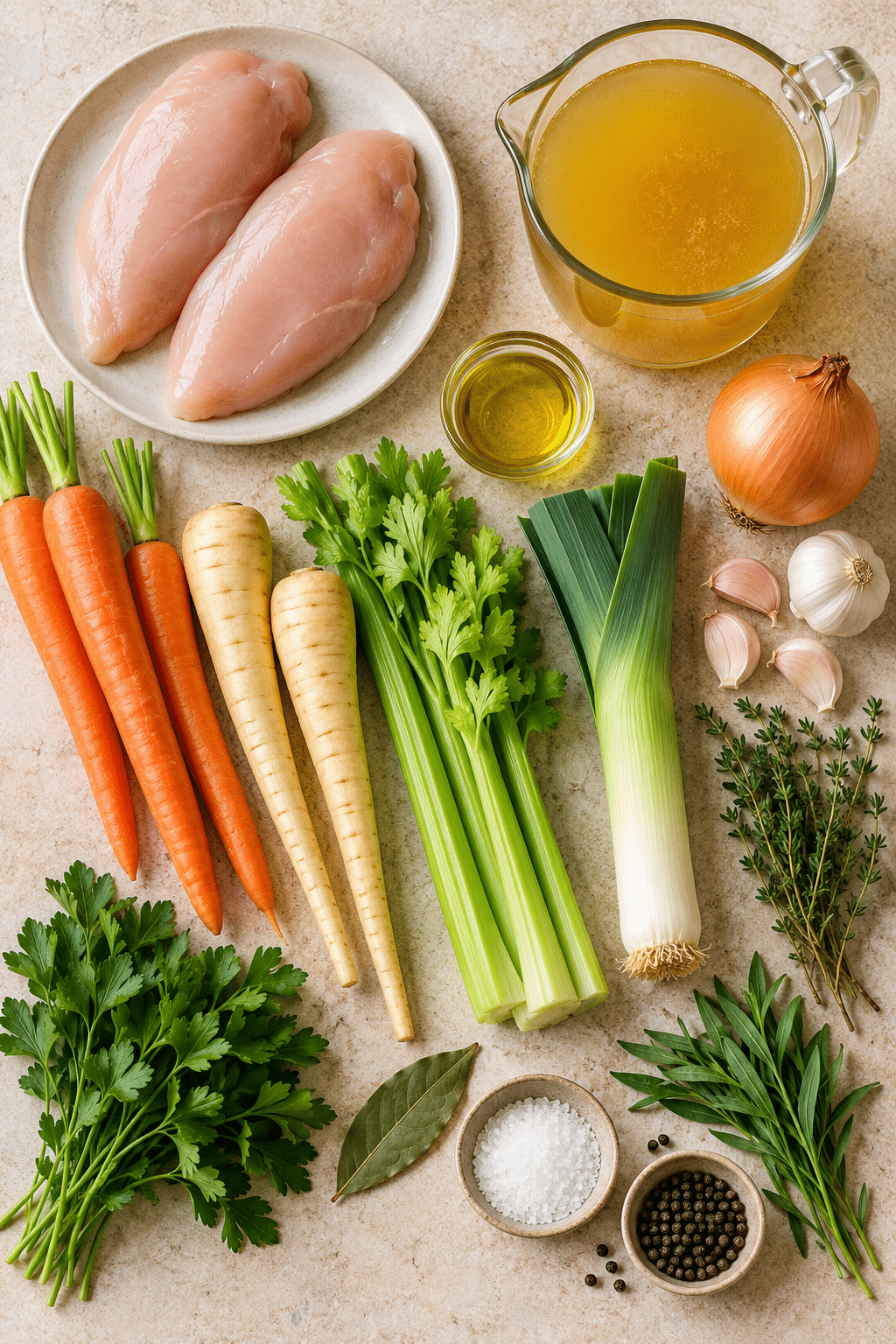 Ingredients for chicken soup including chicken breasts, broth, carrots, parsnips, celery, leek, onion, garlic, and fresh herbs