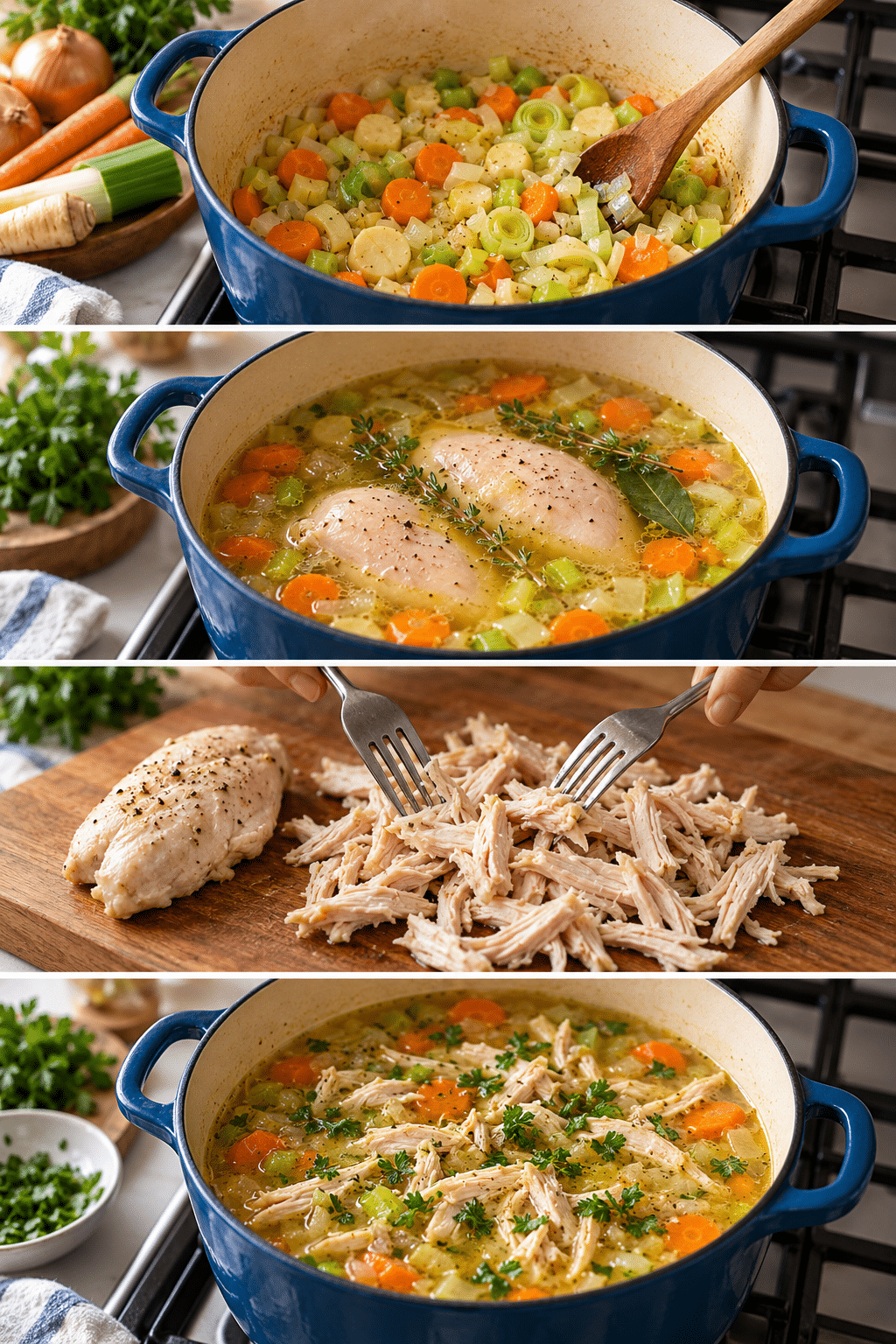 Step by step process for making homemade chicken soup with vegetables, poached chicken, broth, and herbs