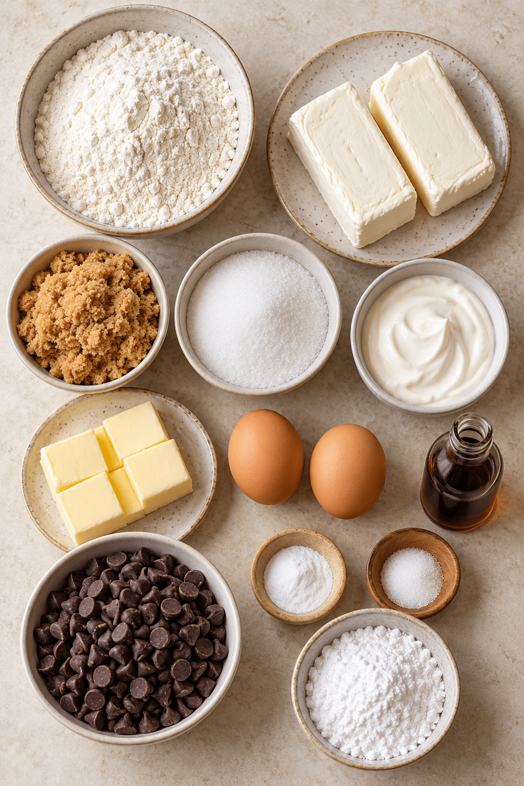 Ingredients for Chocolate Chip Cheesecake Bars including flour, butter, sugar, eggs, cream cheese, sour cream, vanilla, and chocolate chips