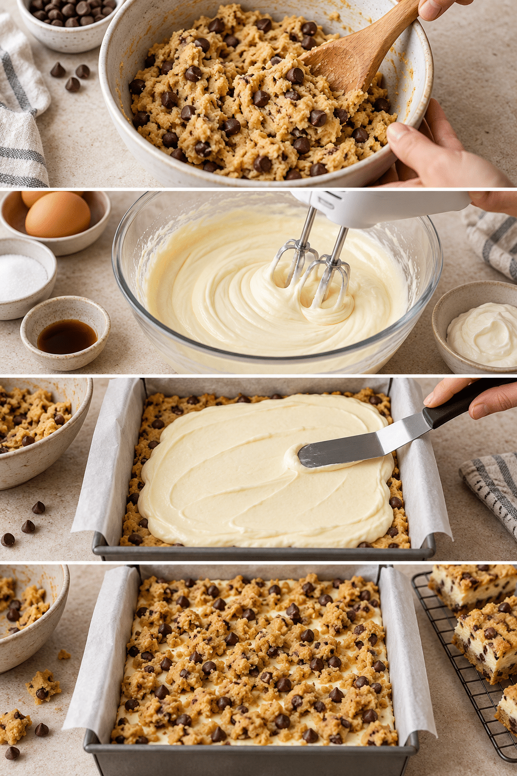 Step by step process for making Chocolate Chip Cheesecake Bars with cookie dough and vanilla cheesecake filling