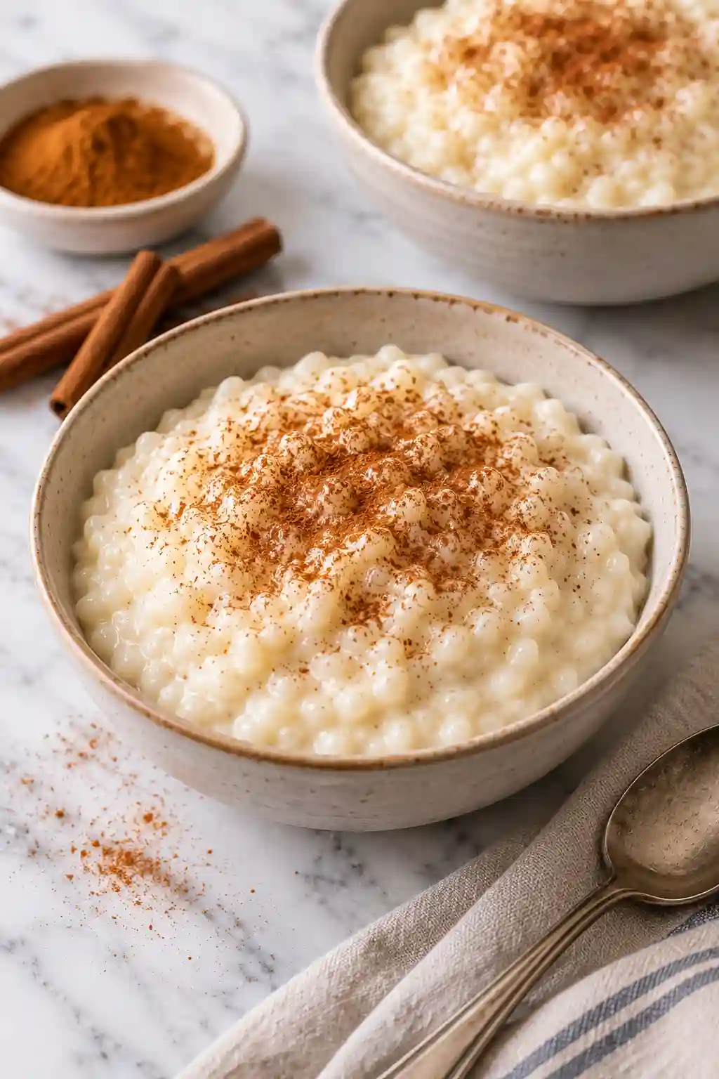 Creamy rice pudding recipe served with cinnamon in a ceramic bowl