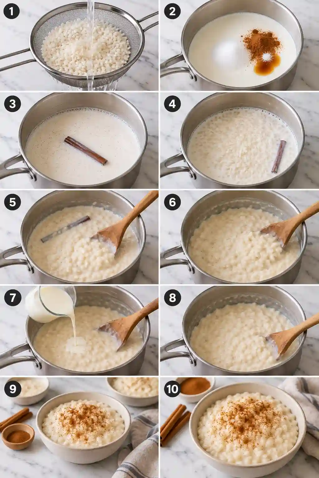 Step-by-step process for making a creamy rice pudding recipe on the stovetop