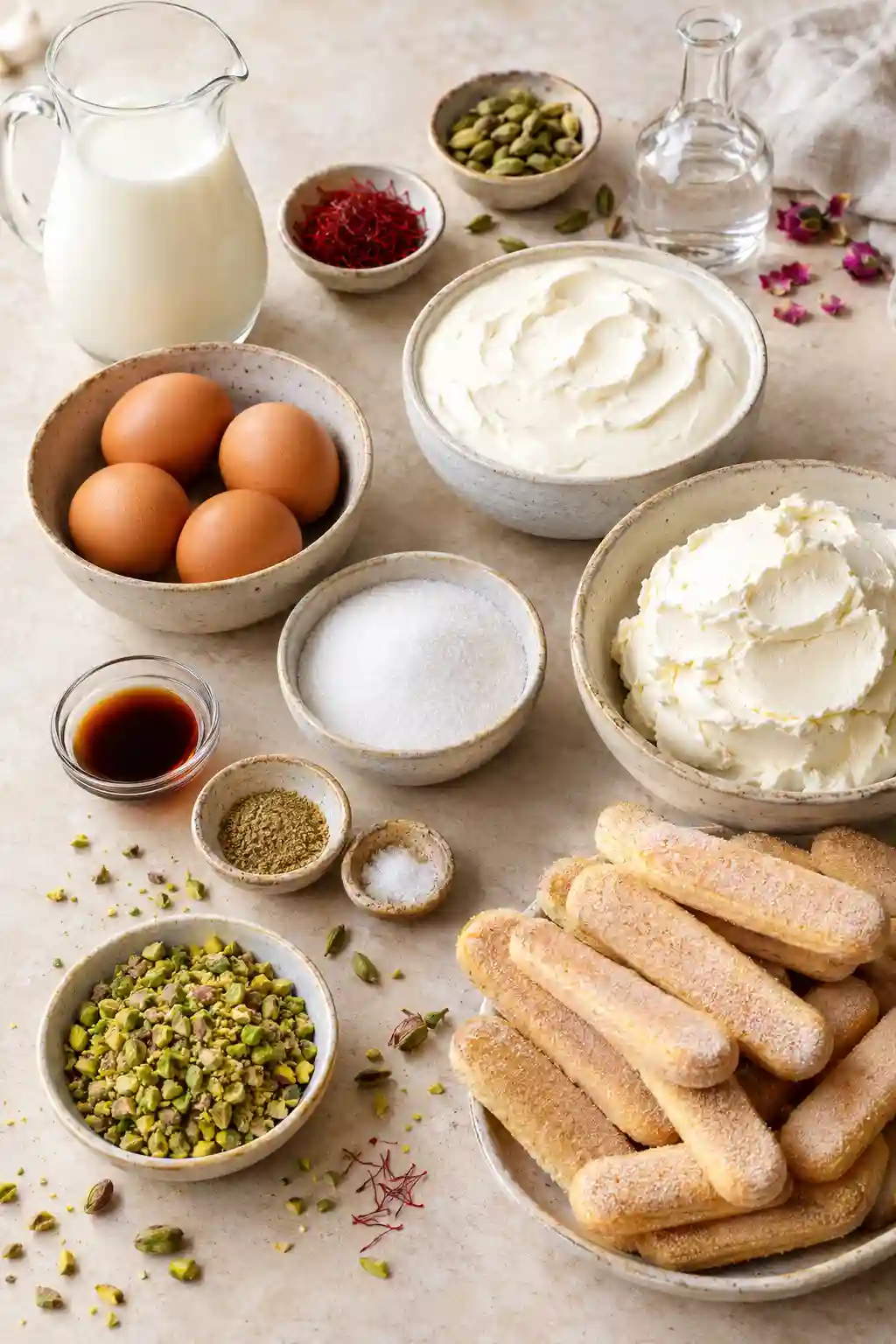 Rasmalai Tiramisu Ingredients Rasmalai Tiramisu ingredients with ladyfingers, mascarpone, saffron, cardamom and pistachios