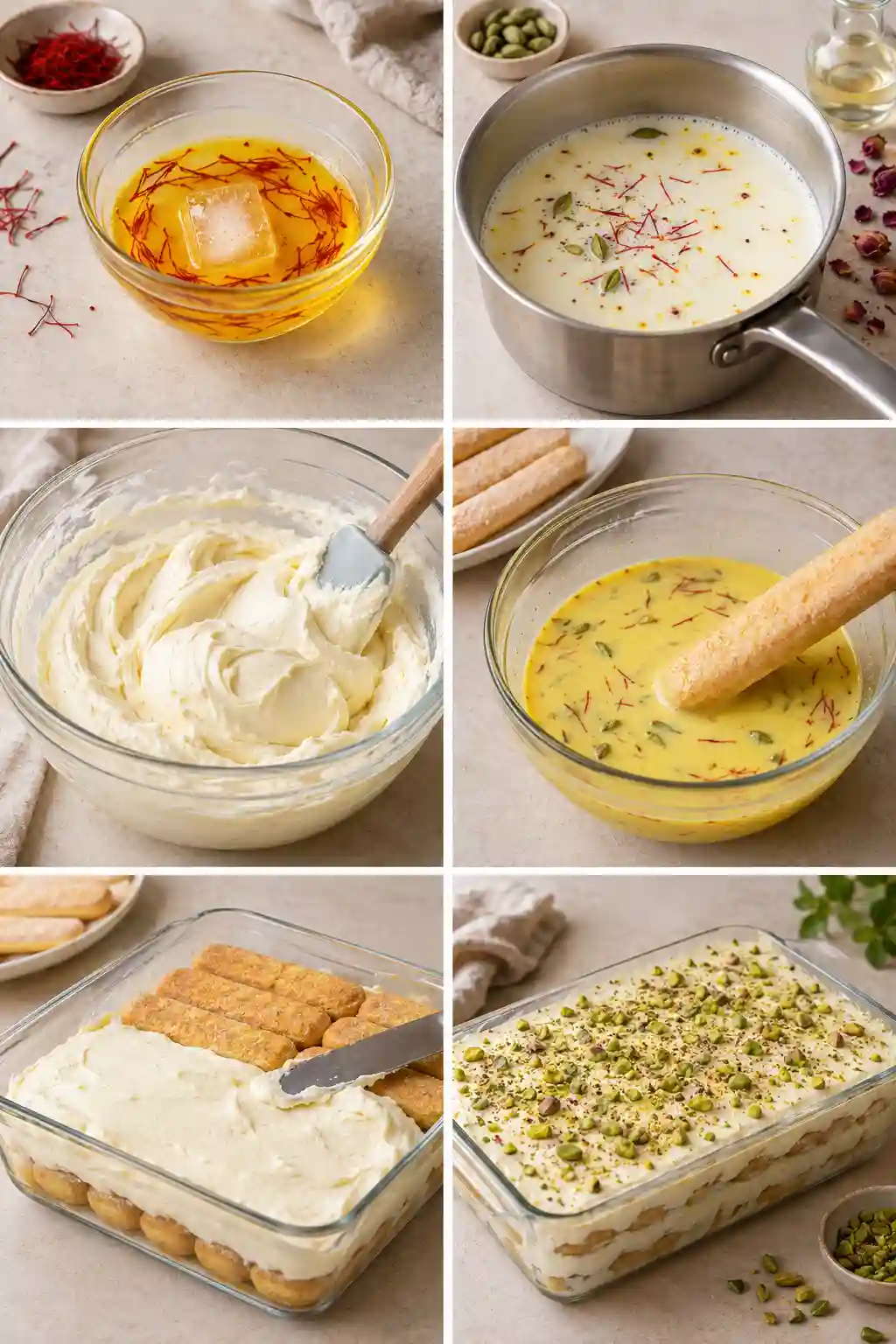 How to Make Rasmalai Tiramisu Step by Step Step by step process for making Rasmalai Tiramisu with saffron milk, mascarpone cream and ladyfingers