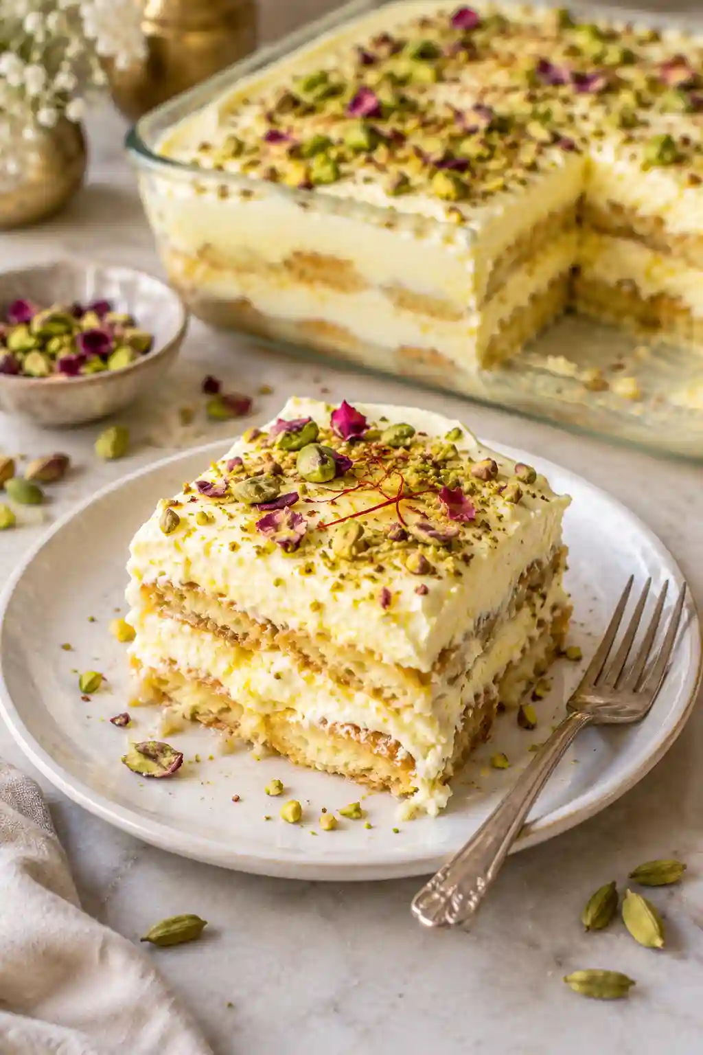 Rasmalai Tiramisu Serving Creamy Rasmalai Tiramisu slice with pistachios, saffron and rose petals