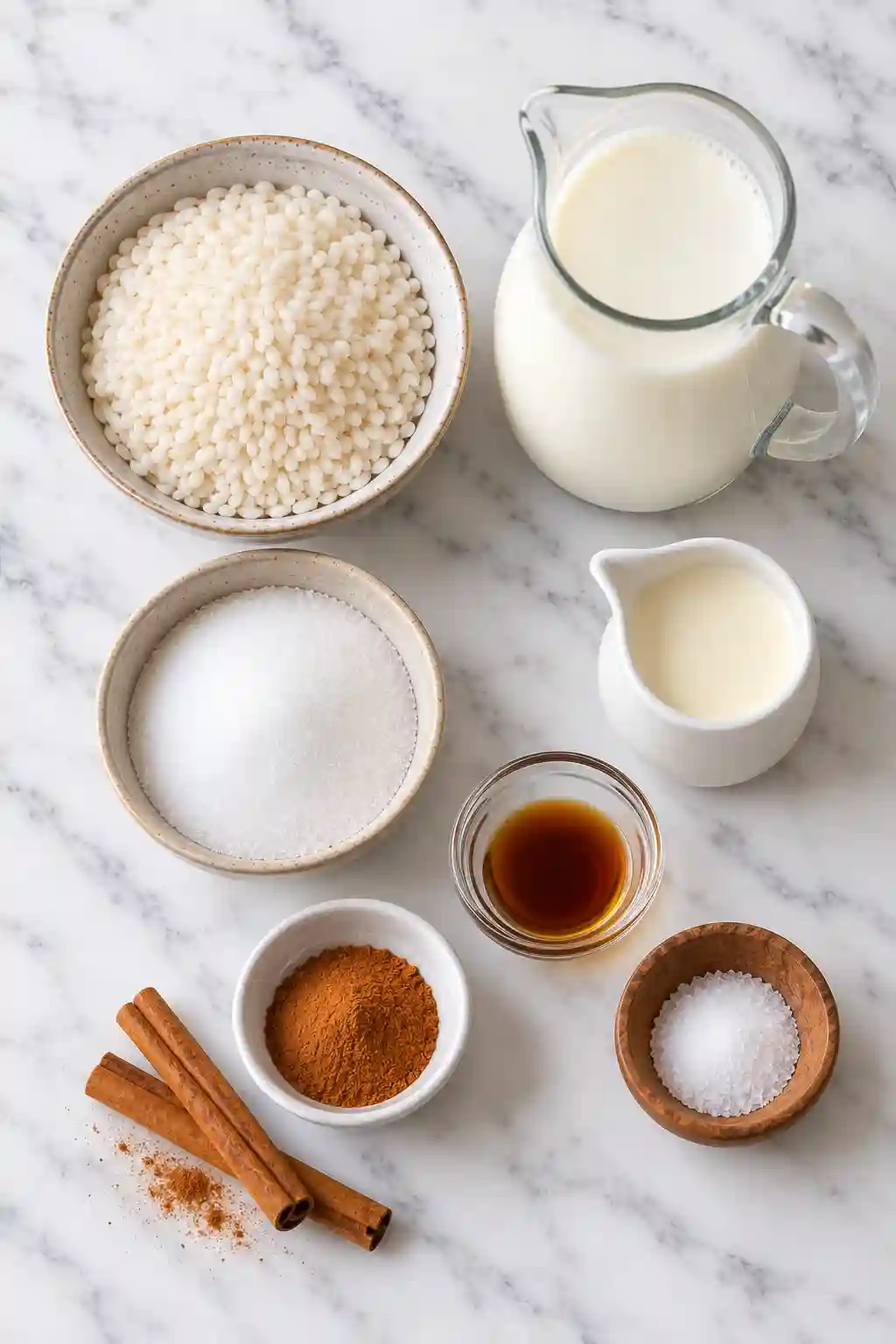 Rice pudding recipe ingredients with rice, milk, sugar, cinnamon, vanilla, cream, and salt